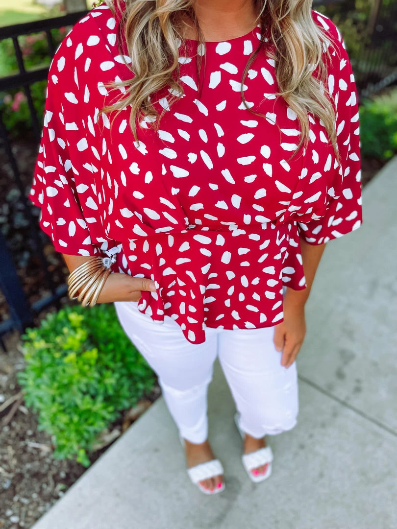 Umgee Lexie Dalmatian Print Bell Sleeve- Crimson Plus 4 Umgee Lexie Dalmatian Print Bell Sleeve- Crimson Plus