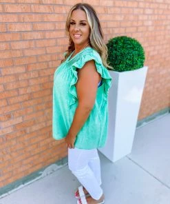 Entro Kennedy Acid Wash Pinktuck Ruffle Top Denim