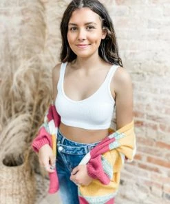 Texas Bling Diem Ribbed V- Neck Brami-White Tops