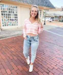 Blu Pepper Tops Adele Throwback Striped Open V Neck Top