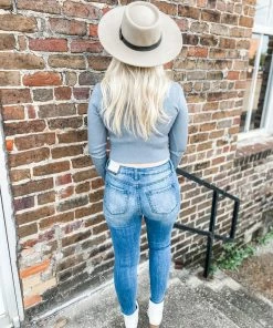 Love Tree Zoe L/S Tie Front Top- Steel Blue Tops