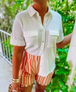 Entro Mila Waffle Knit Rolled Sleeve Top- Off White