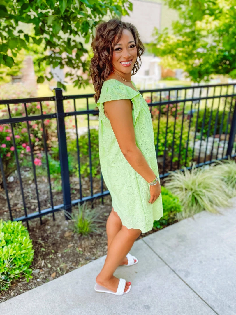 Haptics Lulu Eyelet Frill Neck Dress- Lime 5 Haptics Lulu Eyelet Frill Neck Dress- Lime