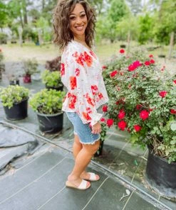 Entro Marlee Floral V Neck Batwing Top- Orange Tops