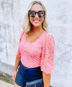 Ces Femme Tops Palmer Floral Quarter Puff Sleeve Top