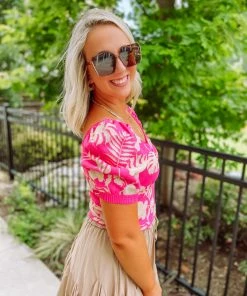 Flying Tomato Sallie Jacquard Contoured Puff Sleeve Top- Pink Tops