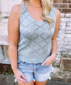 Trend Shop Tops Nevaeh V Neck Hollow Out Knitted Tank Top- Blue