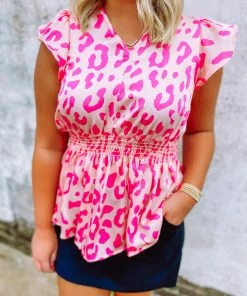 Hailey & Co Joyce Cheetah Smocked Waist Top Tops