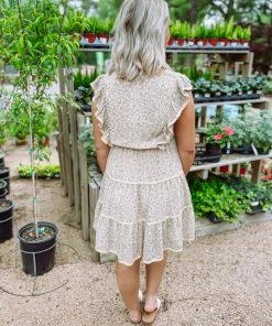 Ces Femme Maggie V Neck Tiered Floral Dress- Mustard Dresses