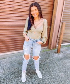 Peach Love Victoria Bubble Sleeve Bodysuit- Light Olive Tops