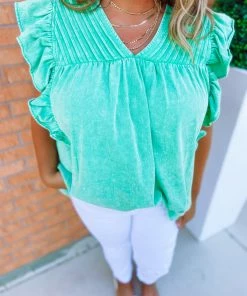 Entro Kennedy Acid Wash Pinktuck Ruffle Top Denim