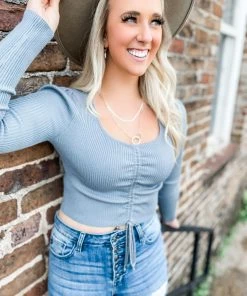 Love Tree Zoe L/S Tie Front Top- Steel Blue Tops