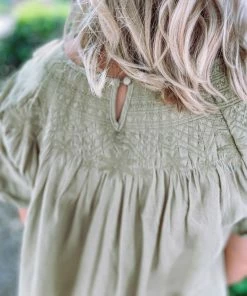Easel Jill Pleated Short Sleeve Top- Sage Tops