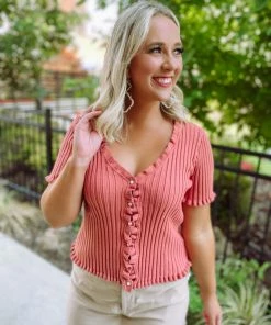 Entro Noa Ribbed Lettuce Hem Button Up Top- Salmon Tops