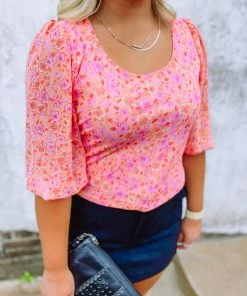 Ces Femme Tops Palmer Floral Quarter Puff Sleeve Top