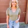 Blu Pepper Tops Kaelie U Neck Button Puff Sleeve Top- Olive