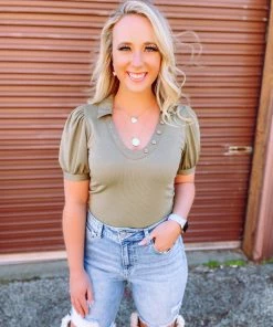 Blu Pepper Tops Kaelie U Neck Button Puff Sleeve Top- Olive