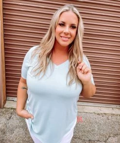 Zenana Premium Jana Flowy V Neck Round Hem Top- Light Green