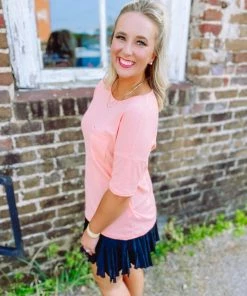 BomBom Tops Jordyn Crewneck Waffle Knit Top- Coral