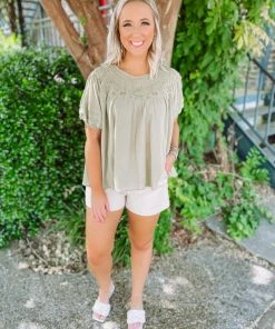 Easel Jill Pleated Short Sleeve Top- Sage Tops