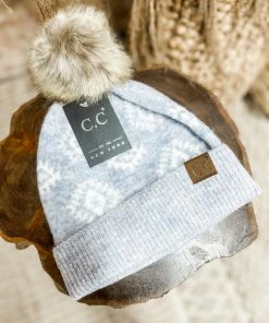 Texas Bling Hats Shaina Aztec Faux Fur Pom Pom Beanie- Ice Blue