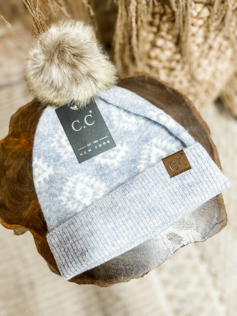 Texas Bling Hats Shaina Aztec Faux Fur Pom Pom Beanie- Ice Blue 1 Texas Bling Hats Shaina Aztec Faux Fur Pom Pom Beanie- Ice Blue