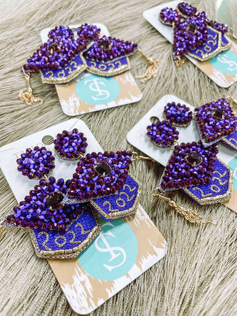 Texas Bling SFA Purple And Gold Grad Cap Earrings 1 Texas Bling SFA Purple And Gold Grad Cap Earrings