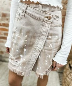 Easel Denim Perla Asymmetrical Waist Painted Distressed Skirt