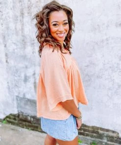 Ces Femme Alexandria Cotton Gauze Wide Sleeve Hi Low Top- Peach 10 Ces Femme Alexandria Cotton Gauze Wide Sleeve Hi Low Top- Peach