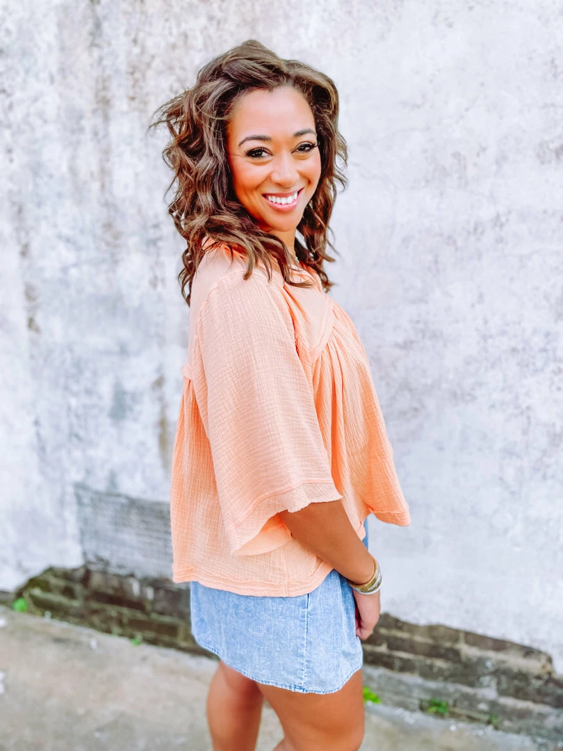 Ces Femme Alexandria Cotton Gauze Wide Sleeve Hi Low Top- Peach 5 Ces Femme Alexandria Cotton Gauze Wide Sleeve Hi Low Top- Peach