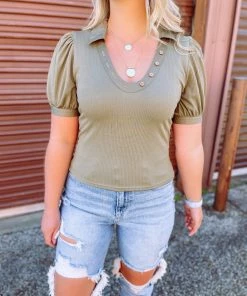 Blu Pepper Tops Kaelie U Neck Button Puff Sleeve Top- Olive