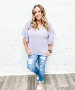 Zenana Premium Plus Hallie Double Layer Chiffon Top- Lilac Grey