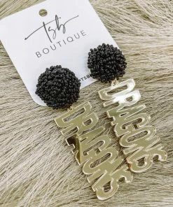 Texas Bling 2022 School Style Gold Dragons Black Pom Earrings