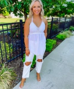 Trend Notes Kimberly Crochet Knit Halter Tunic Top- White