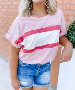Cotton Bleu Maggie Mid Chest Striped Top- Rose Tops
