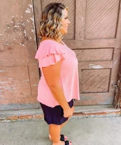 Ces Femme Plus Amina Crinkle Double Ruffle Sleeve Top