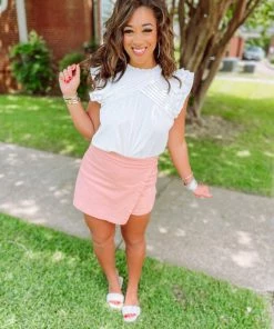 Entro Whitney Pleated Ruffle Round Neck Top- White Tops