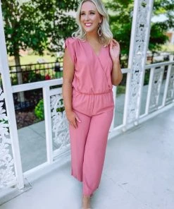 Entro Rompers & Jumpsuits Annie Elastic Waist Surplice Shoulder Pad Jumpsuit