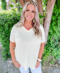 Zenana Premium Adele V Neck Relaxed Fit Round Hem Top- Banana