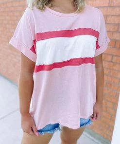 Cotton Bleu Maggie Mid Chest Striped Top- Rose Tops