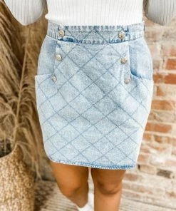 Entro Mallory Grid Stitched Button Detail Skirt- Light Denim