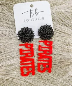 Texas Bling 2022 School Style Red Pirates Black Pom Earrings