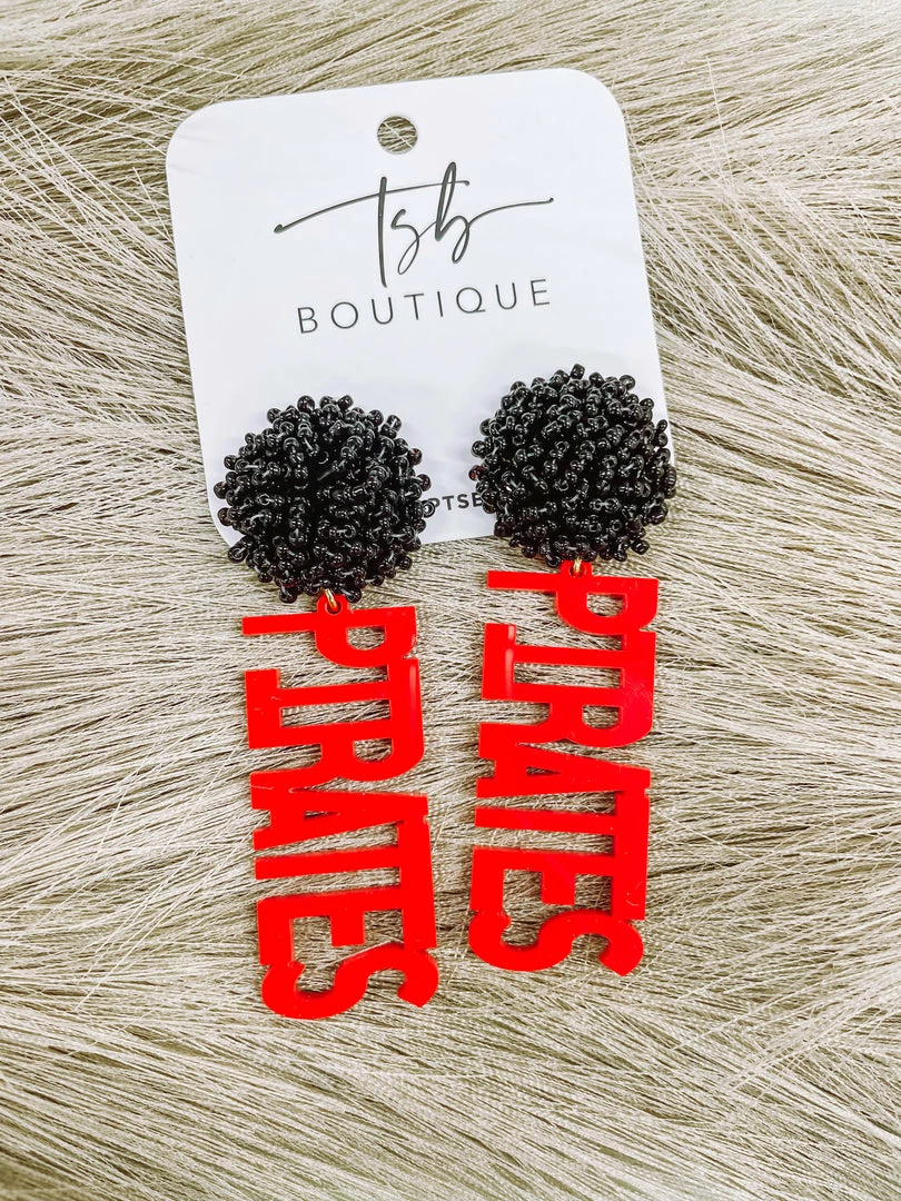 Texas Bling 2022 School Style Red Pirates Black Pom Earrings 1 Texas Bling 2022 School Style Red Pirates Black Pom Earrings
