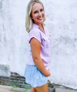 Trend Notes Sydney Short Sleeve Button Up Shirt- Lilac Tops