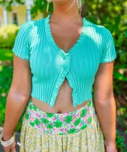 Texas Bling Tops Tiara Button Front Short Sleeve Top- Mint Green