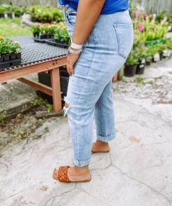 Risen Camille Distressed High Waisted Asymmetric Button Jeans Denim