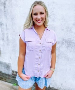 Trend Notes Sydney Short Sleeve Button Up Shirt- Lilac Tops