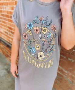 Faith Apparel Neutral Babe Wild Flower Midi T-Shirt Dress- Charcoal