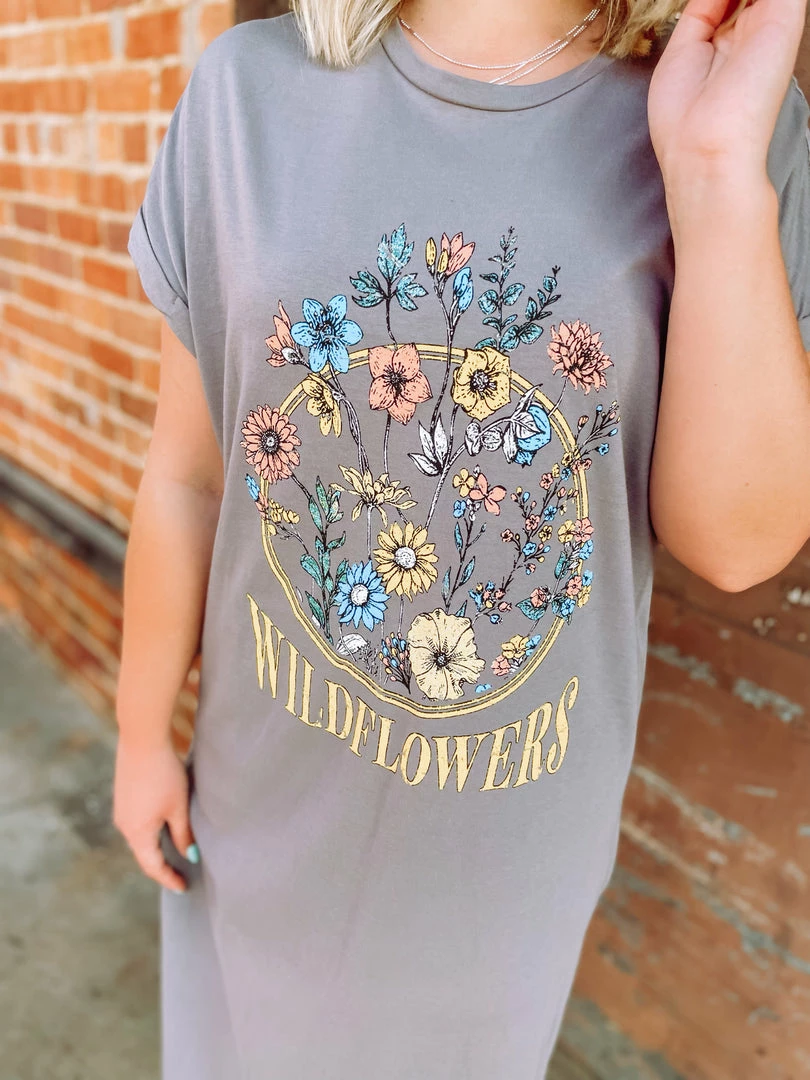 Faith Apparel Neutral Babe Wild Flower Midi T-Shirt Dress- Charcoal 2 Faith Apparel Neutral Babe Wild Flower Midi T-Shirt Dress- Charcoal