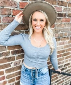 Love Tree Zoe L/S Tie Front Top- Steel Blue Tops